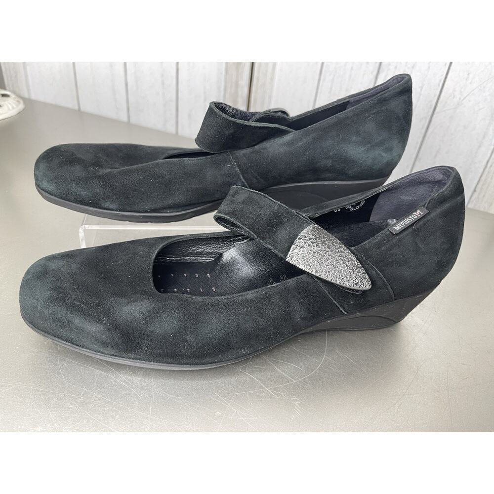 Mephisto Suede Wedge Heel Women 9 Black Leather Comfort Shoe Strap Accent